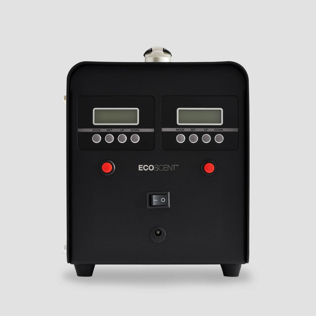 EcoScent Ceres HVAC Commercial Scent Machine (15,000m³) by ecoscent-shop in black, featuring two digital displays, control buttons, and a sturdy design for efficient scent dispersal in commercial spaces.