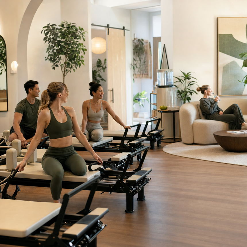 Four individuals engaged in a Pilates class on reformers, with two seated and two actively stretching in a well-lit studio with plants and modern furniture.