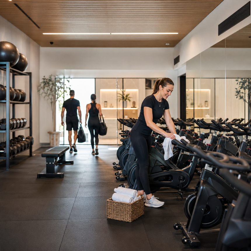 A woman in a black outfit cleaning exercise equipment in a gym, while two people are walking towards the exit with gym bags. The gym features bikes, weights, and a minimalist design.