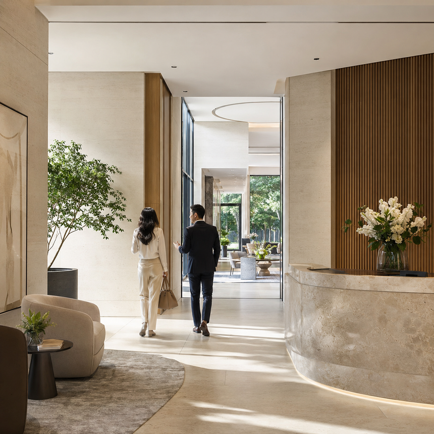 Prospective residents viewing a modern apartment development