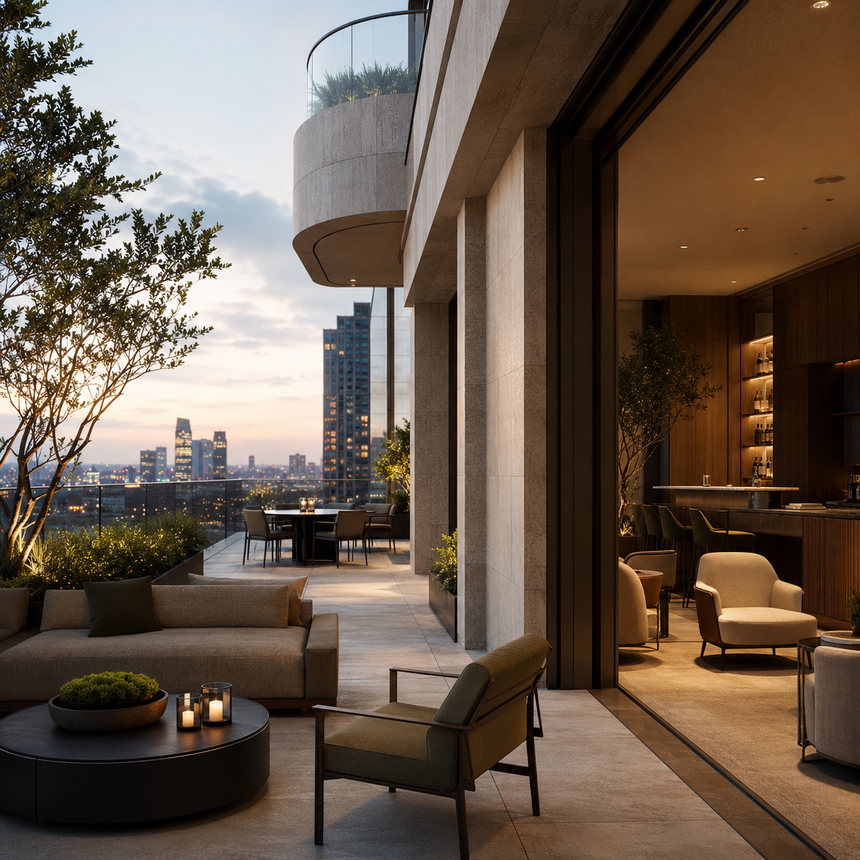 Premium residential terrace overlooking a city skyline