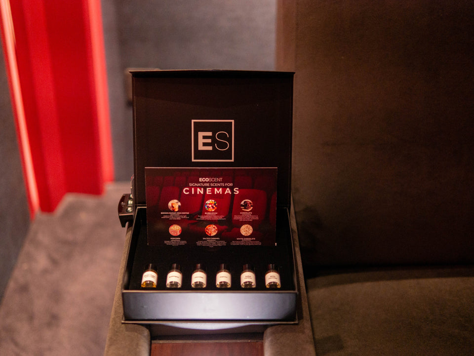EcoScent cinema fragrance discovery box displayed inside a cinema