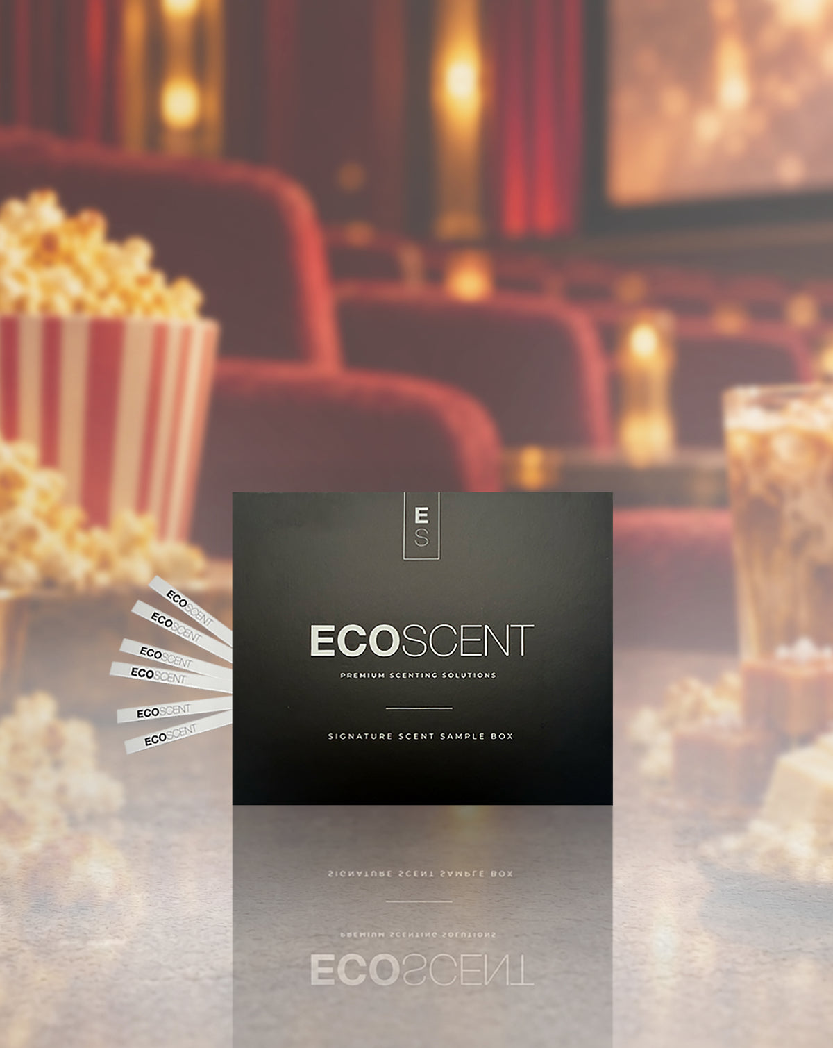 EcoScent Cinema Signature Scents Samples 6 x 2ml box in black and gray, shown with sample strips beside a popcorn tub and drink in a cinema setting.