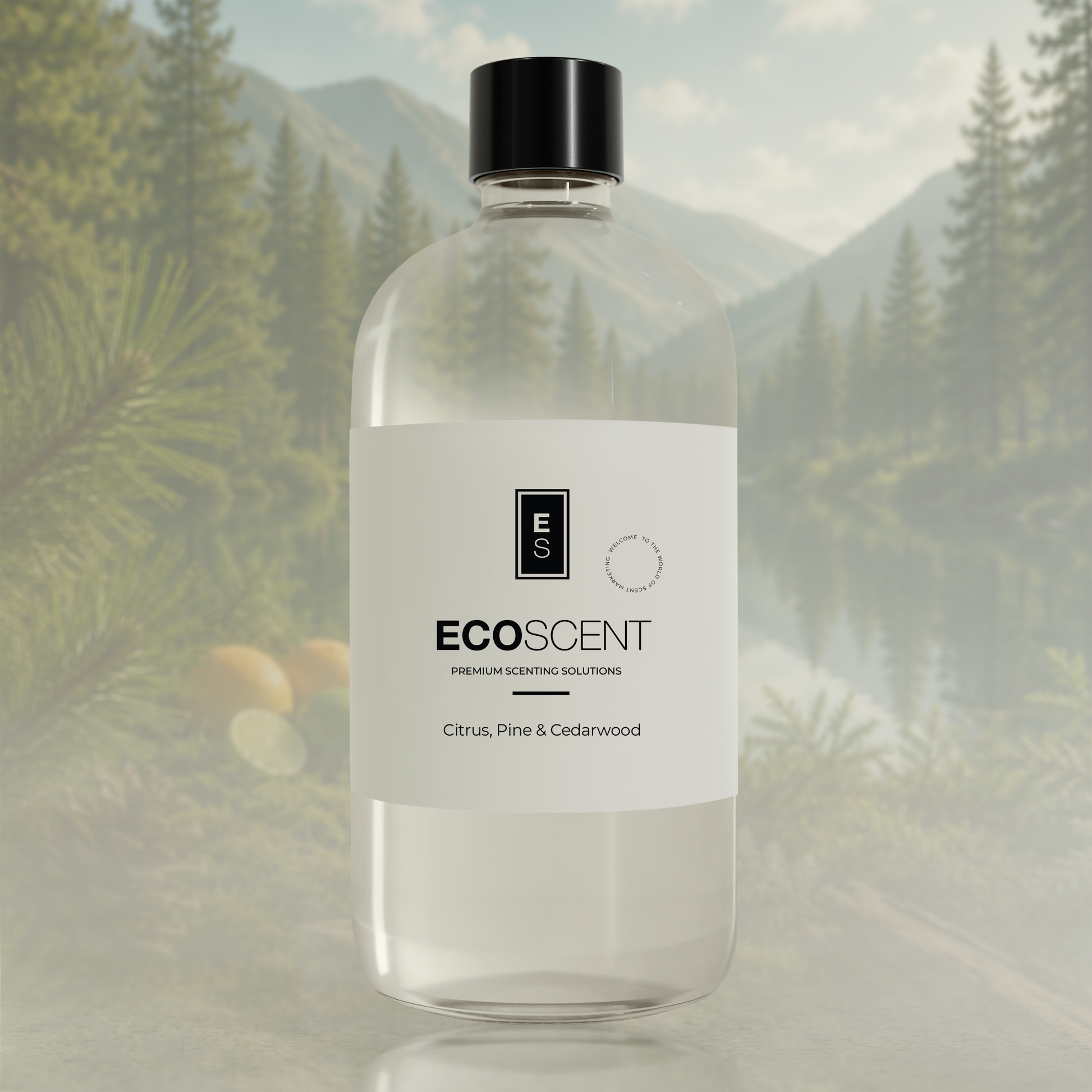 EcoScent bottle with a forest background