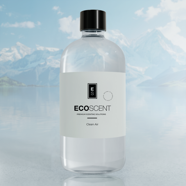 Clear bottle with black cap and white label featuring 'ECO SCENT' on a mountainous background