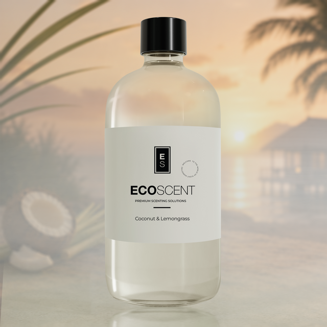 EcoScent bottle with coconut and lemongrass label against a blurred natural background