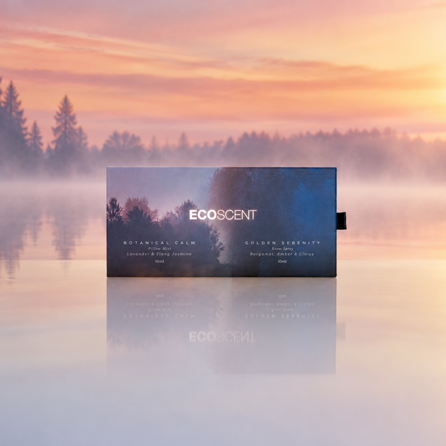 A rectangular ECOSCENT Botanical Clean and Quinoa Blend box sits centered on a misty lake at sunrise, with pine trees and a glowing sun in the background.