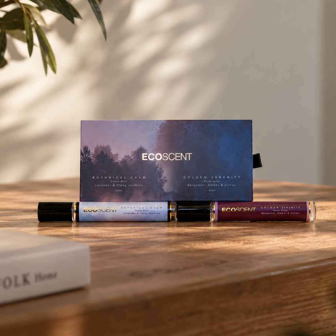 Ecoscent scented room sprays in a forest-themed box, displayed on a wooden table next to a potted plant with soft natural shadows.