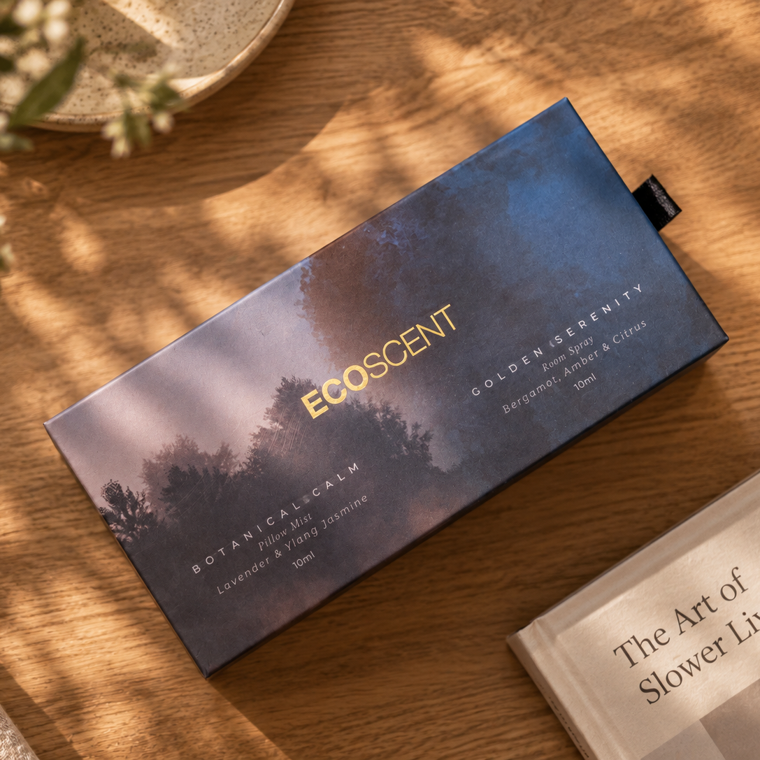 A rectangular Ecoscent botanical scented room sprays box lies diagonally on a warm wooden tabletop, surrounded by soft lifestyle props including dried flowers, a ceramic dish, and a book titled 'The Art of Slower Living'. The packaging features a dark blue forest scene with gold lettering.
