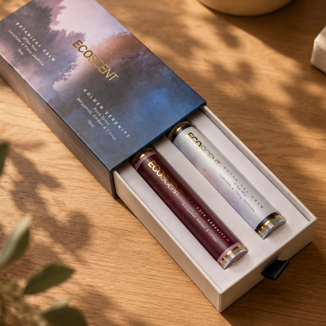 ECOSCENT room spray set in a white box with a blue forest-themed lid, displayed on a wooden table with soft natural shadows.