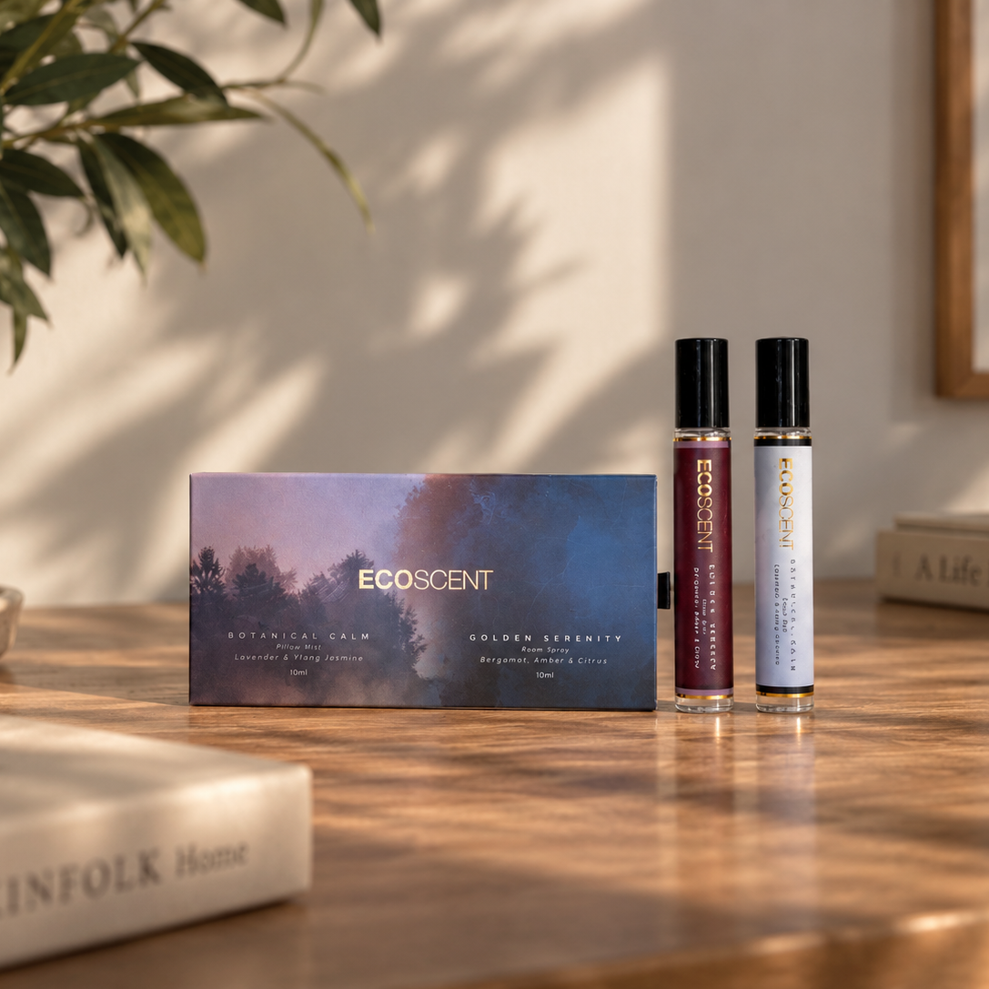 Ecoscent Atmospheric Calm Coloured Sensory room spray kit with a blue-purple scenic box and two rollerball vials standing on a wooden table in a sunlit room.