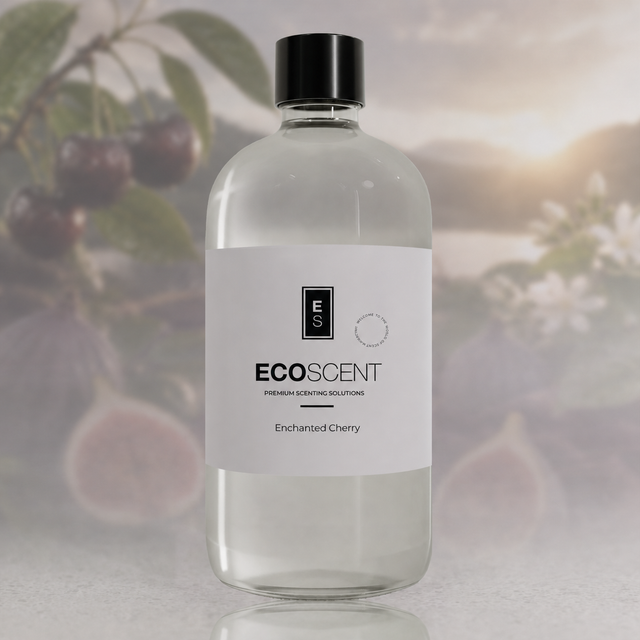 ecoscent-shop Enchanted Cherry Fragrance Oil featuring a blend of cherry, amber, and frankincense, presented in a clear glass bottle with a black cap and a white label displaying the brand name and product information.
