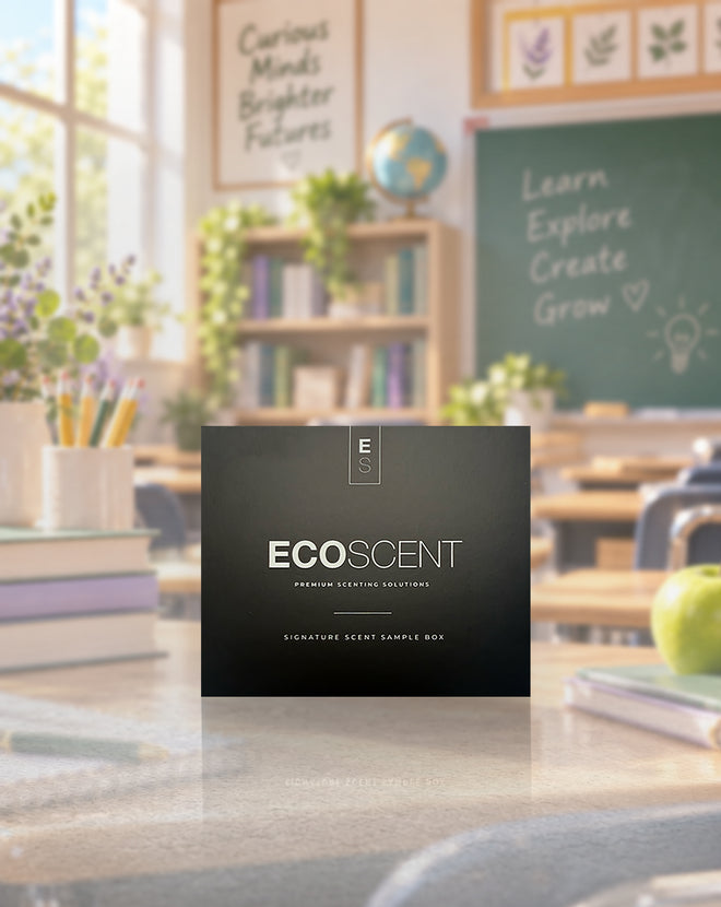 A dark gray square sample box from ECOSCENT sits on a classroom desk with books, a globe, a chalkboard, and a green apple in the blurred background.