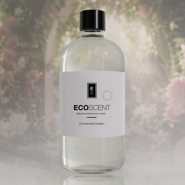Clear bottle with black cap and 'EcoScent' label against a blurred floral background
