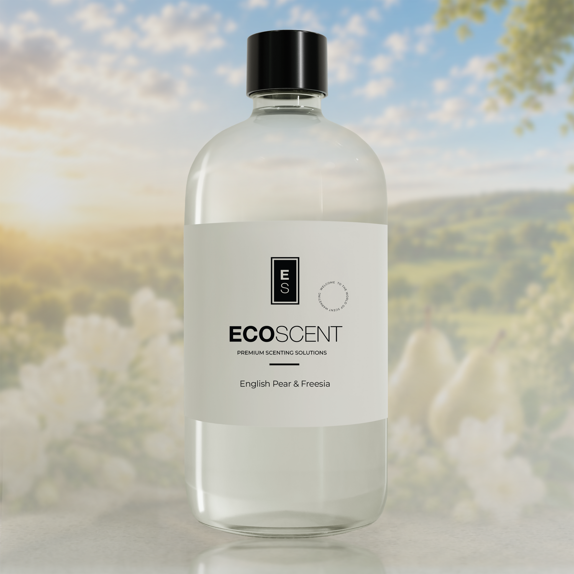 Bottle of Ecoscent product with a scenic background