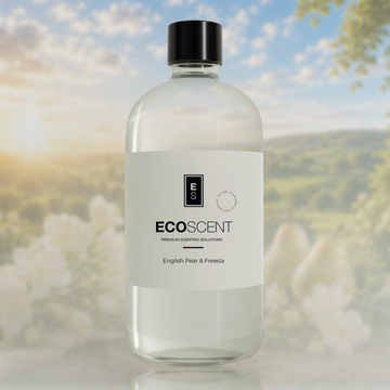 Bottle of Ecoscent product with a scenic background