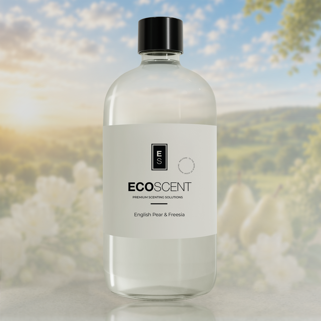 Bottle of Ecoscent product with a scenic background
