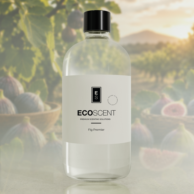 Bottle of Ecoscent Fig Premier with a blurred natural background