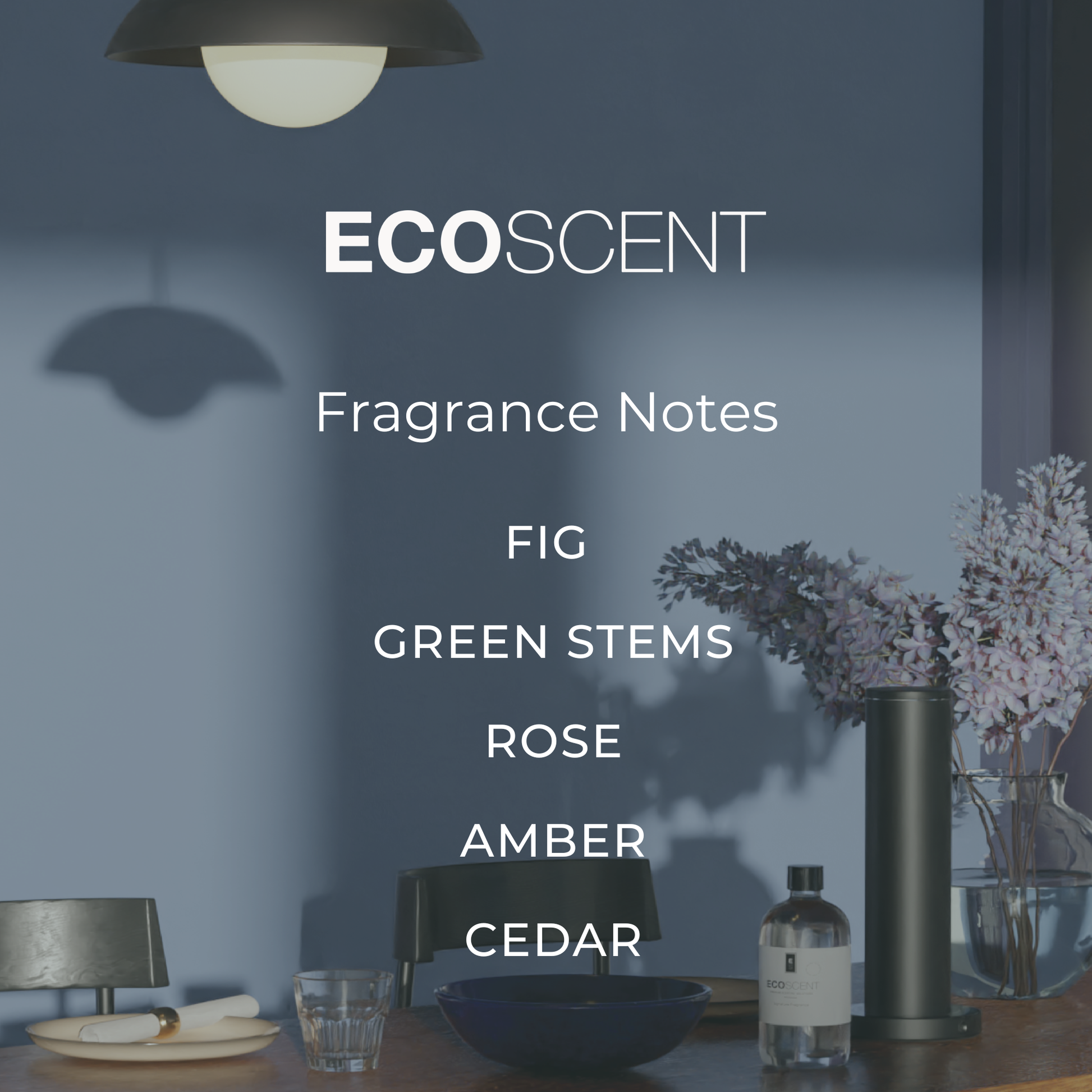 EcoScent fragrance notes displayed in a modern interior setting
