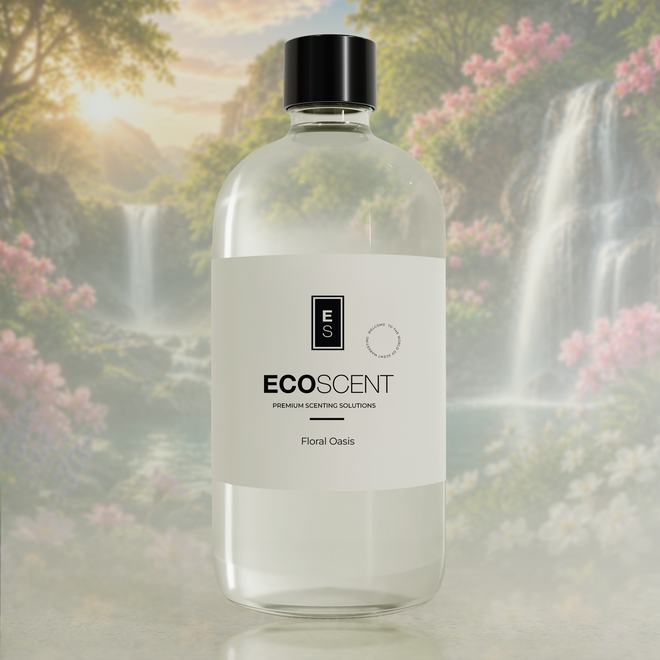 Bottle of Ecoscent product with a scenic background of flowers and waterfalls