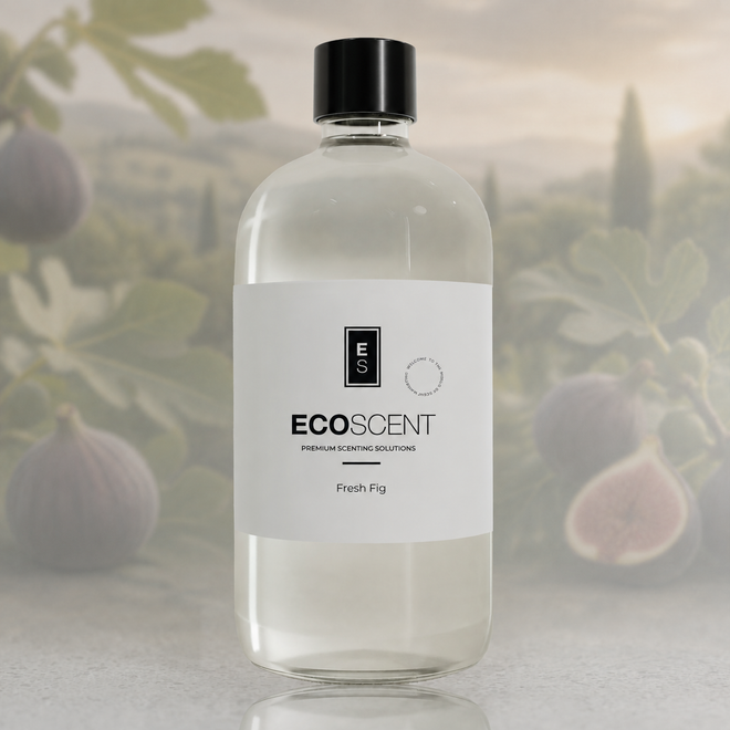 A clear bottle of ECOSCENT Fresh Fig premium fragrance oil with a white label and black cap, set against a soft-focus background of fig plants.