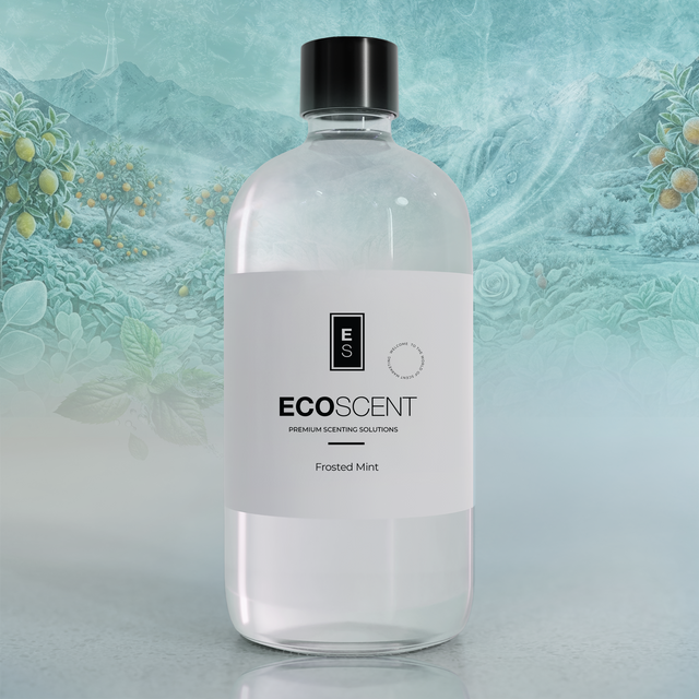 Clear bottle with black cap labeled 'EcoScent' on a decorative background