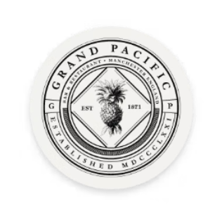 A circular white coaster featuring a black vintage-style printed logo for 'Grand Pacific' with a pineapple illustration in the center.