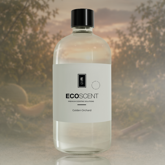 Clear bottle with black cap and white label featuring 'ECOSCENT' on a blurred natural background