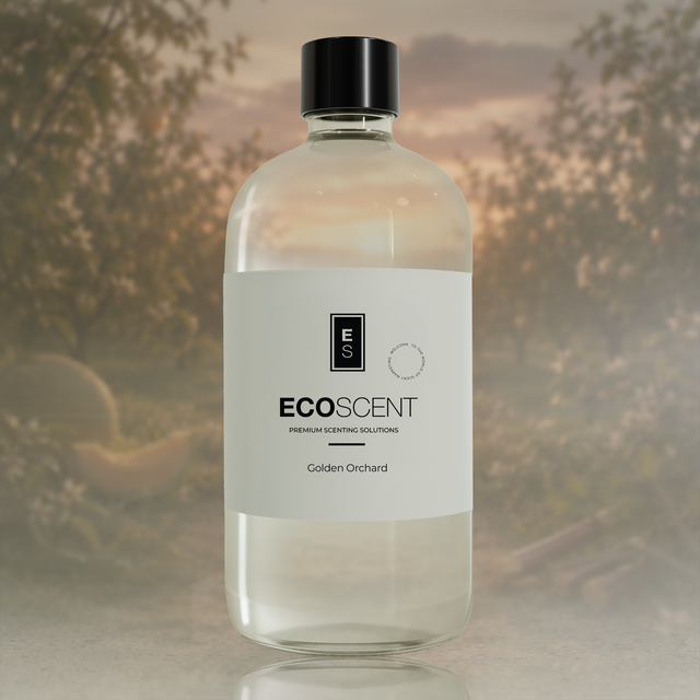 Clear bottle with black cap and white label featuring 'ECOSCENT' on a blurred natural background