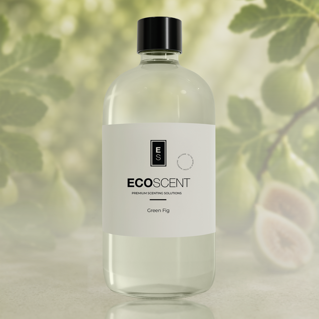Bottle of Ecoscent Green Fig fragrance with a blurred green leafy background