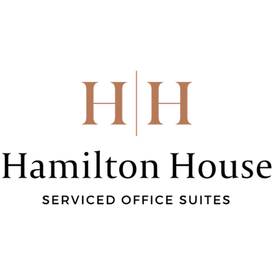 Hamilton House serviced office suites logo featuring a stylized 'HH' in tan above the text 'Hamilton House' and 'SERVICED OFFICE SUITES' on a white background.