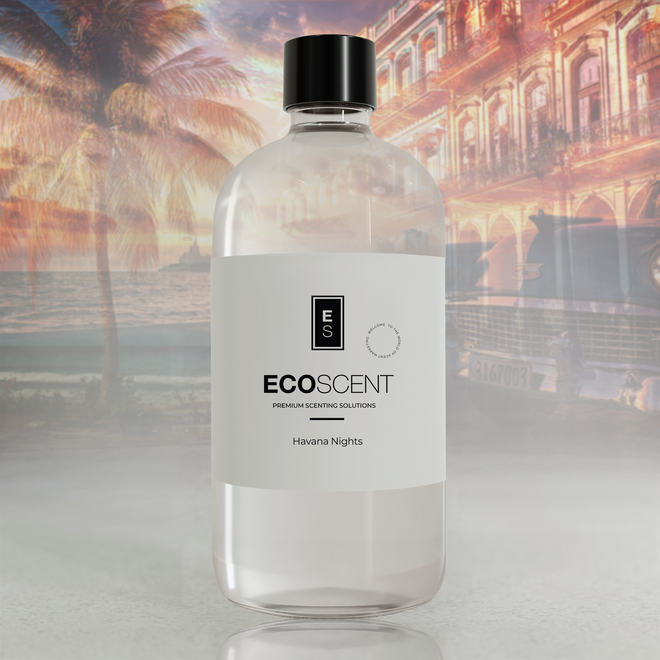 Bottle of ECO SCENT with a blurred background of palm trees and a building.