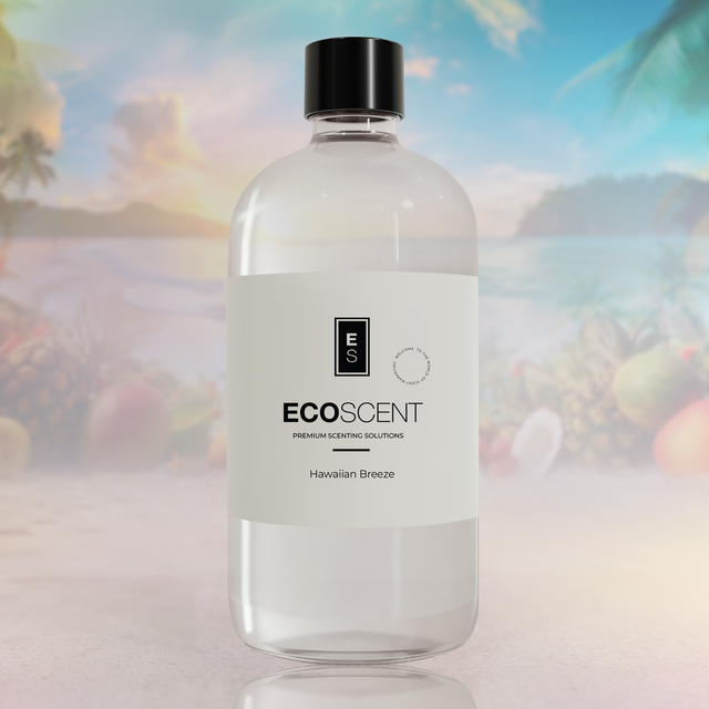 Bottle of Ecoscent Hawaiian Breeze fragrance solution with a blurred nature background