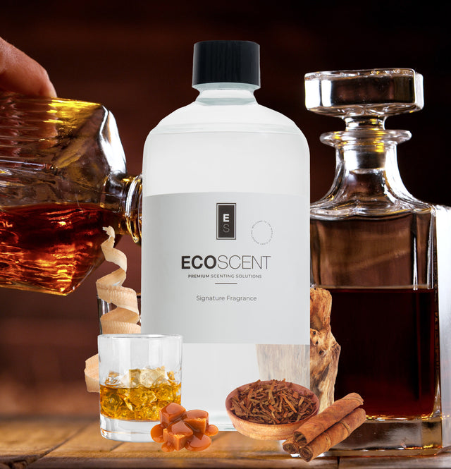 ecoscent-shop Icy Whiskey Fragrance Oil in a clear bottle featuring a minimalist label, presenting notes of tobacco, vanilla, and oak, displayed alongside a whiskey glass, tobacco leaves, and cinnamon sticks.