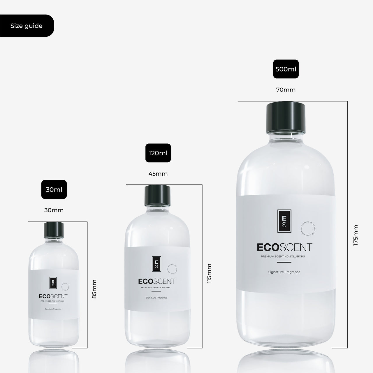 Fragrance bottles in three sizes: 30ml, 120ml, and 500ml, displayed side by side with their corresponding height and width measurements clearly labeled for each bottle.
