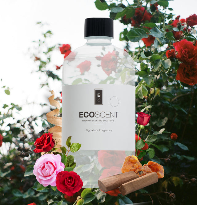ecoscent-shop Indian Rose Garden Fragrance Oil featuring rose, sandalwood, and amber scents, presented in a transparent bottle with a black cap, surrounded by pink and red roses.