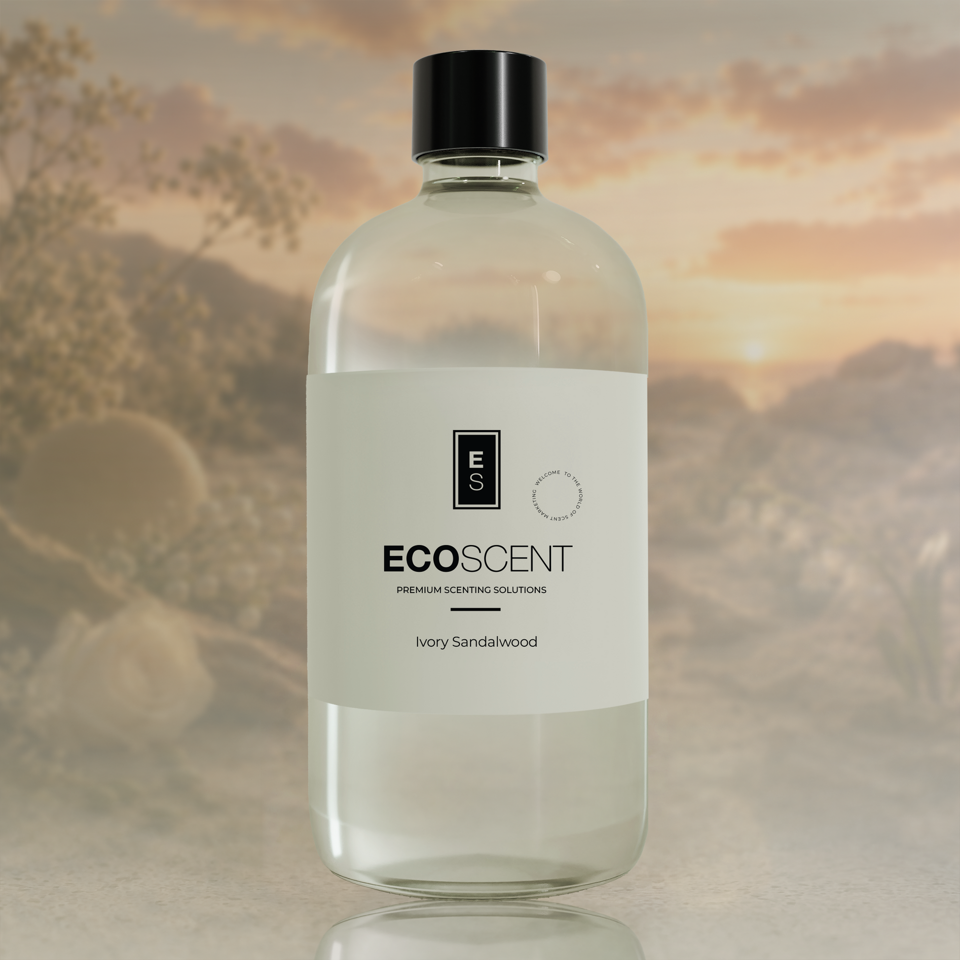 Bottle of Ecoscent product with a blurred natural background