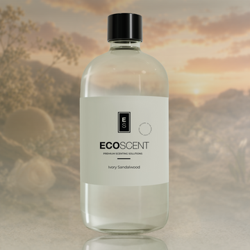 Bottle of Ecoscent product with a blurred natural background