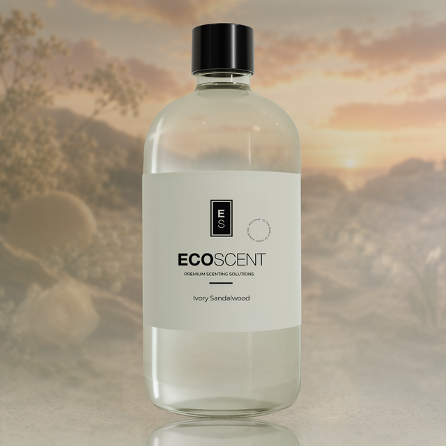 Bottle of Ecoscent product with a blurred natural background