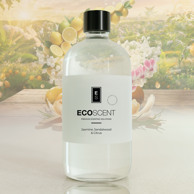 EcoScent bottle with a floral and fruit background