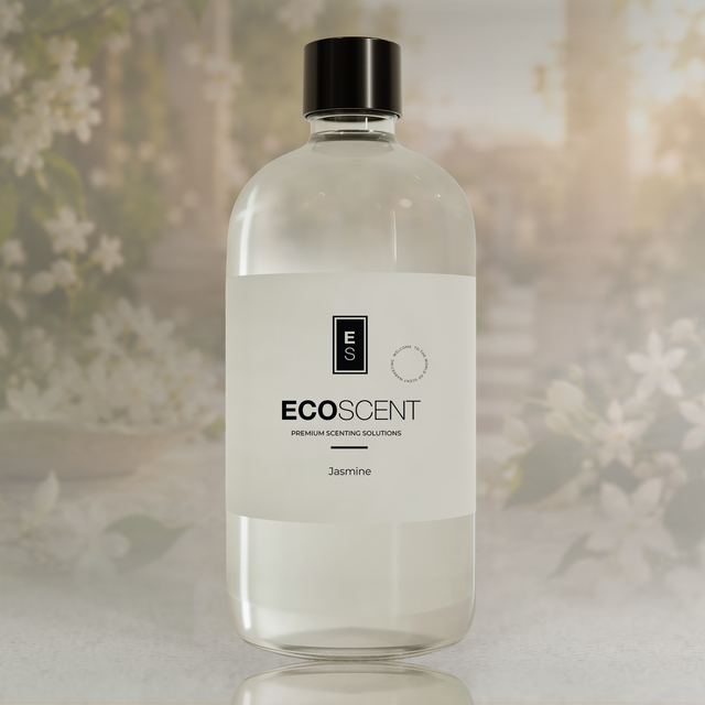A clear bottle of EcoScent Jasmine fragrance oil with a black cap and white label, set against a softly blurred background of white jasmine flowers and green foliage.
