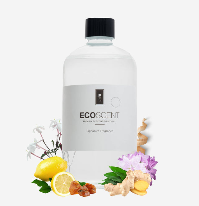 ecoscent-shop Jasmine, Amber & Citrus Fragrance Oil in a transparent bottle with a black cap. The bottle features a white label with the brand name and description, surrounded by jasmine flowers, citrus fruit, and aromatic herbs.
