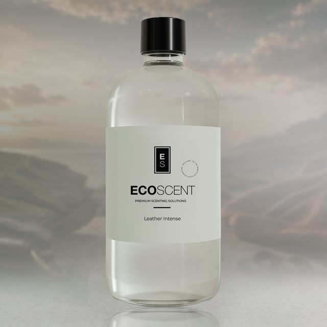 A clear bottle of ECOSCENT Leather Intense premium cleaning solution with a black cap and white label, set against a blurred scenic background.
