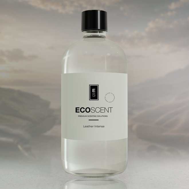 A clear bottle of ECOSCENT Leather Intense premium cleaning solution with a black cap and white label, set against a blurred scenic background.