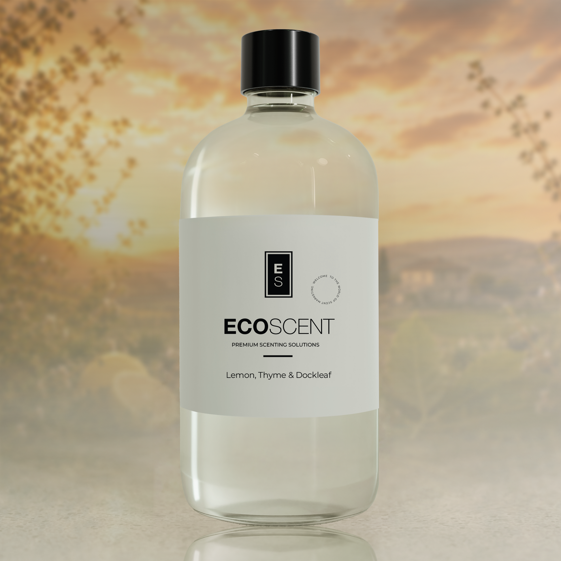 Bottle of Ecoscent product with a blurred natural background