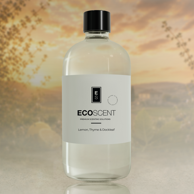 Bottle of Ecoscent product with a blurred natural background