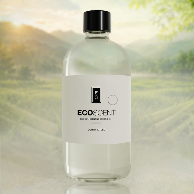 Bottle of Ecoscent Lemongrass product with a blurred natural background