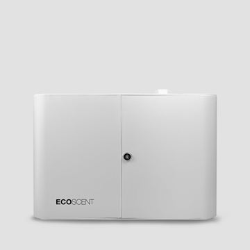 EcoScent Luna Pro Commercial Scent Machine in white, designed to cover areas up to 2,000m³, featuring a sleek exterior and a black lockable door mechanism for fragrance dispersion.