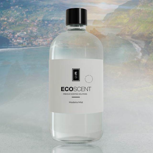 Clear bottle with black cap labeled 'EcoScent' against a scenic background