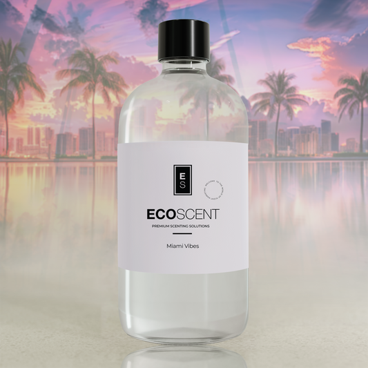 Bottle of Ecoscent with a scenic background of palm trees and a city skyline.